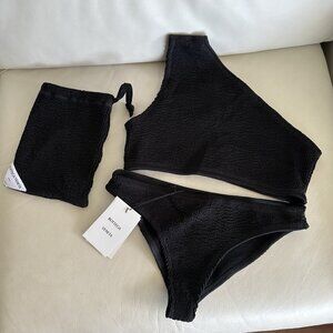 NEW BOTTEGA VENETA Black SWIMSUIT CRINCKLED One Shoulder Bikini Sz L